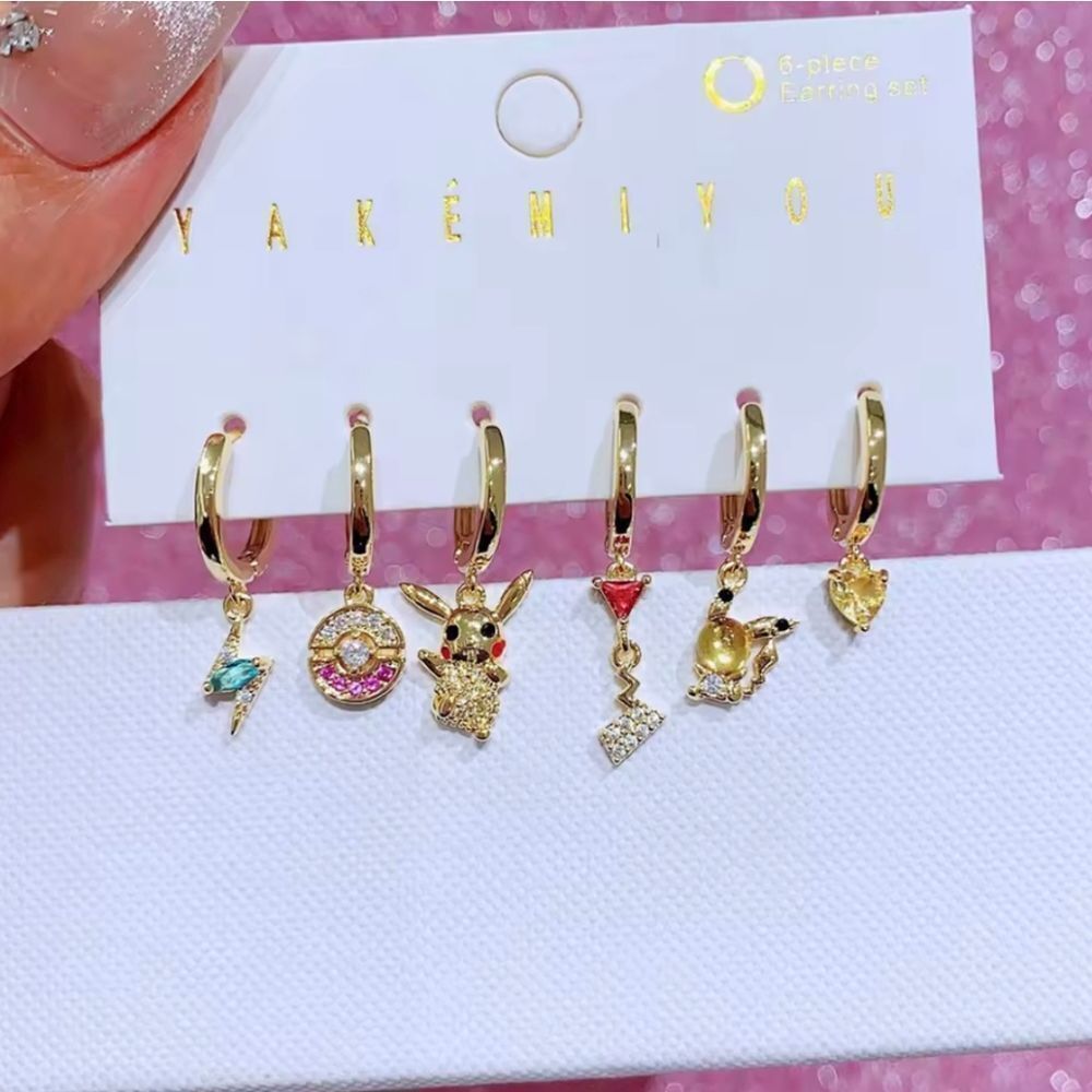 14K Gold Plated Pokemon Pikachu Theme Huggie Hoop Dangle Earrings Set